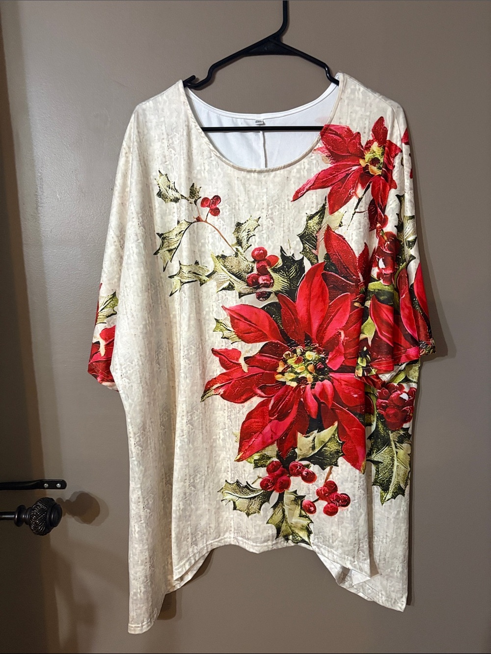 Women's Cream Tunic Top with Red Poinsettia Print